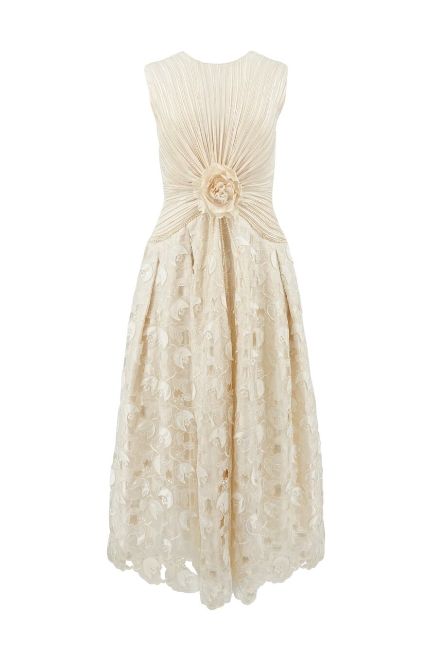 George F. Couture 1980s Ivory Fortuny-Pleat Organza Bridal Gown, Lace Overlay